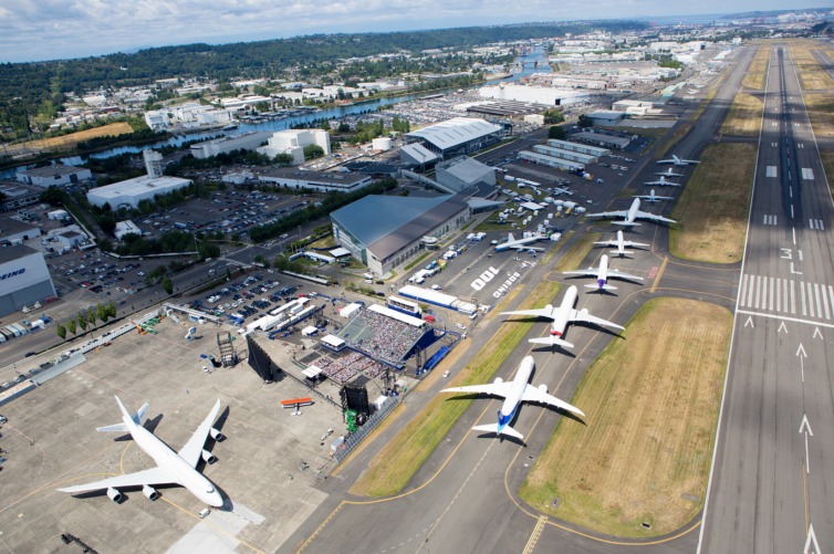 Boeing jetliners, from its first 707 to the latest 787 Dreamliner, line up along a Boeing Field taxiway in Seattle, WA on July 15, 2016 to celebrate the companyâ€™s 100th anniversary - Photo: Jeremy Dwyer-Lindgren