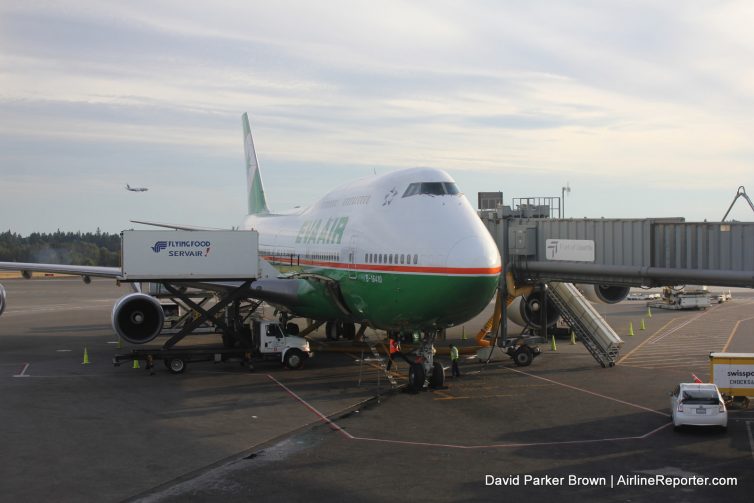 An EVA Air Boeing 747-400 sits at Seattle-Tacoma International Airport