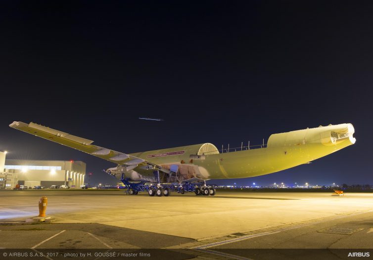 Elements of the Beluga XL core airframe are rolled out to Airbus’ L34 hangar for the start of integration