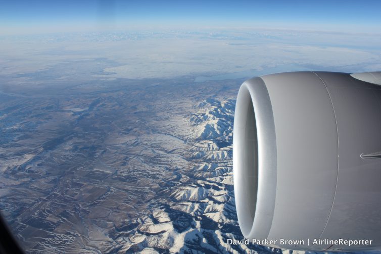 Flying high with one of the two GE90 engines.