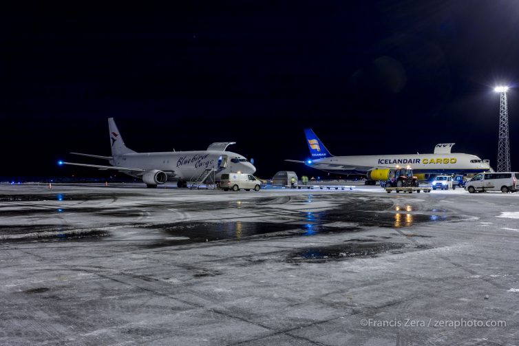 Some of the cargo ramps at KEF are a bit removed from the terminals and warehouses. Here, a Bluebird Cargo 737-476(SF) is parked next to an Icelandair Cargo 757-200F. The photo was taken at about 9:20 a.m. GMT. The sun rose at 10:04 a.m. that day.