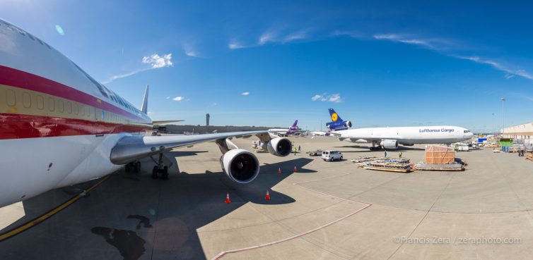 The elderly Boeing looked right at home on the cargo ramp as a Lufthansa Cargo MD-11F taxied in alongside.