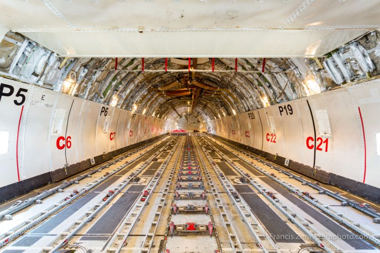 The cargo area was empty for this flight; even though it's quite a bit shorter than the current model: 231 ft. long for the 747-200 vs. 250 ft. for the 747-800.