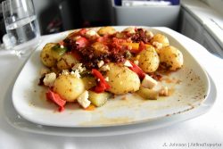 Main course: Roasted potatoes, veggies, and feta.