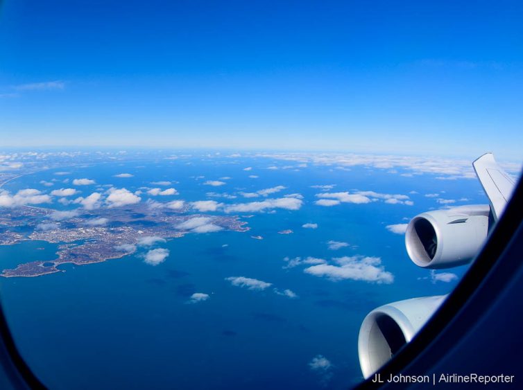 Two engines from upstairs on the Lufthansa 747-8. Not a bad view! 