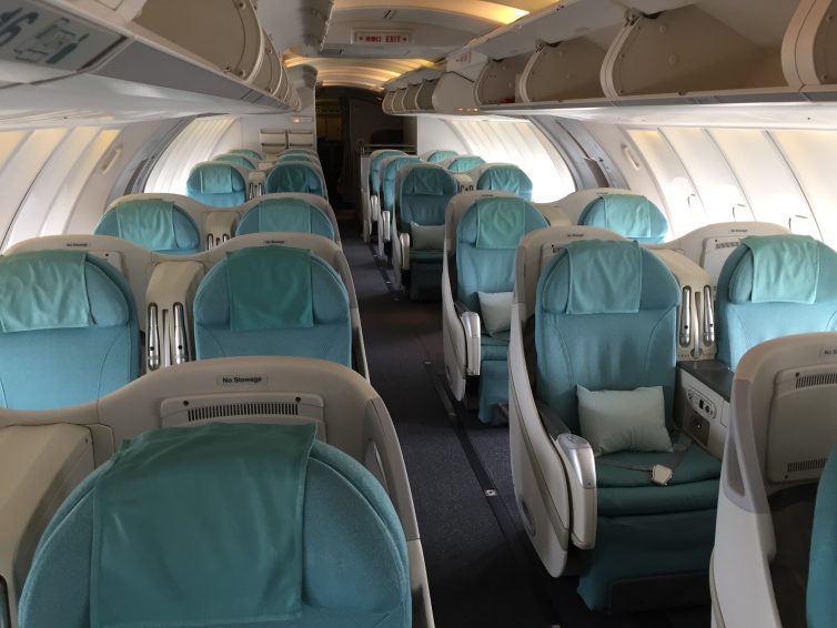 The upper deck of the Korean Air 747-400. The interior is a little tired, but with retirement months away, flying up top was a privilege! - Photo: Kevin P Horn