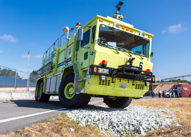 An up-close look at a responding airport fire truck.