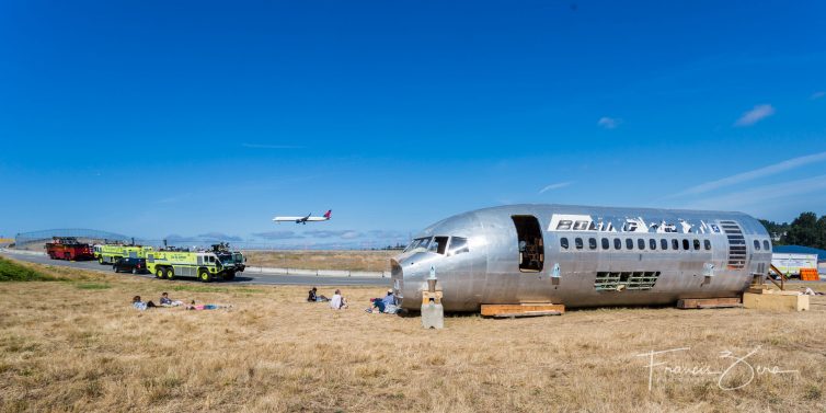 An old Boeing 757 fuselage mock-up, trucked in from Moses Lake, Wash., was placed between runways for the drill.