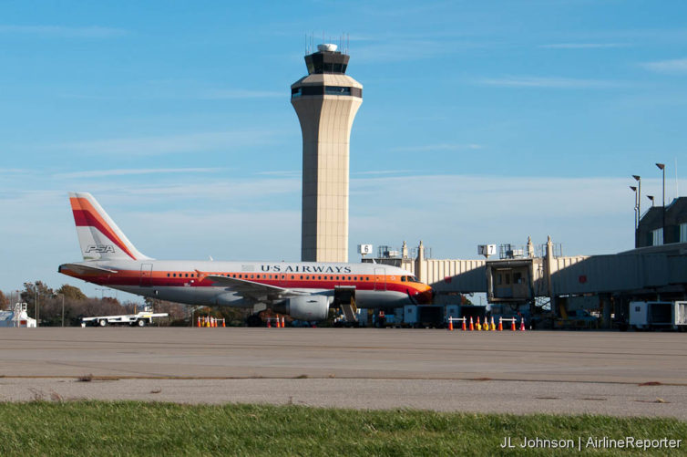 The PSA-liveried US Airways A-319 at Terminal A spotted during a ramp tour in 2013.
