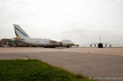An unused ramp makes a great spot for parking unique visitors to KC. These two Antonov A-124s stopped by in 2014 on their way to the Middle East.