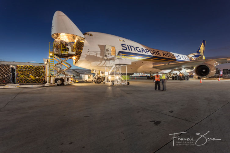 A Singapore Airlines Cargo 747-400F being unloaded at LAX.