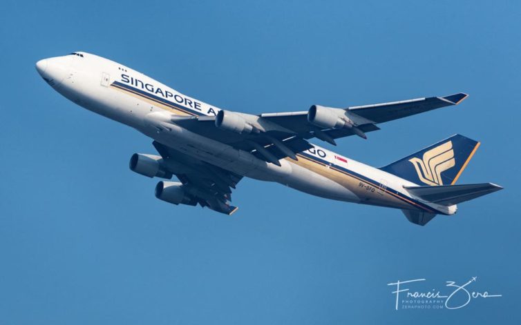 An SIA Cargo 744F departing Seattle following an unscheduled stop.