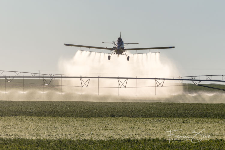 Chase pilots his plane over irrigation equipment in a field.
