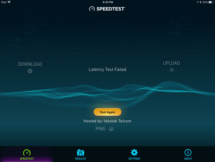 The internet connection was so slow that I couldn't even complete a speed test.