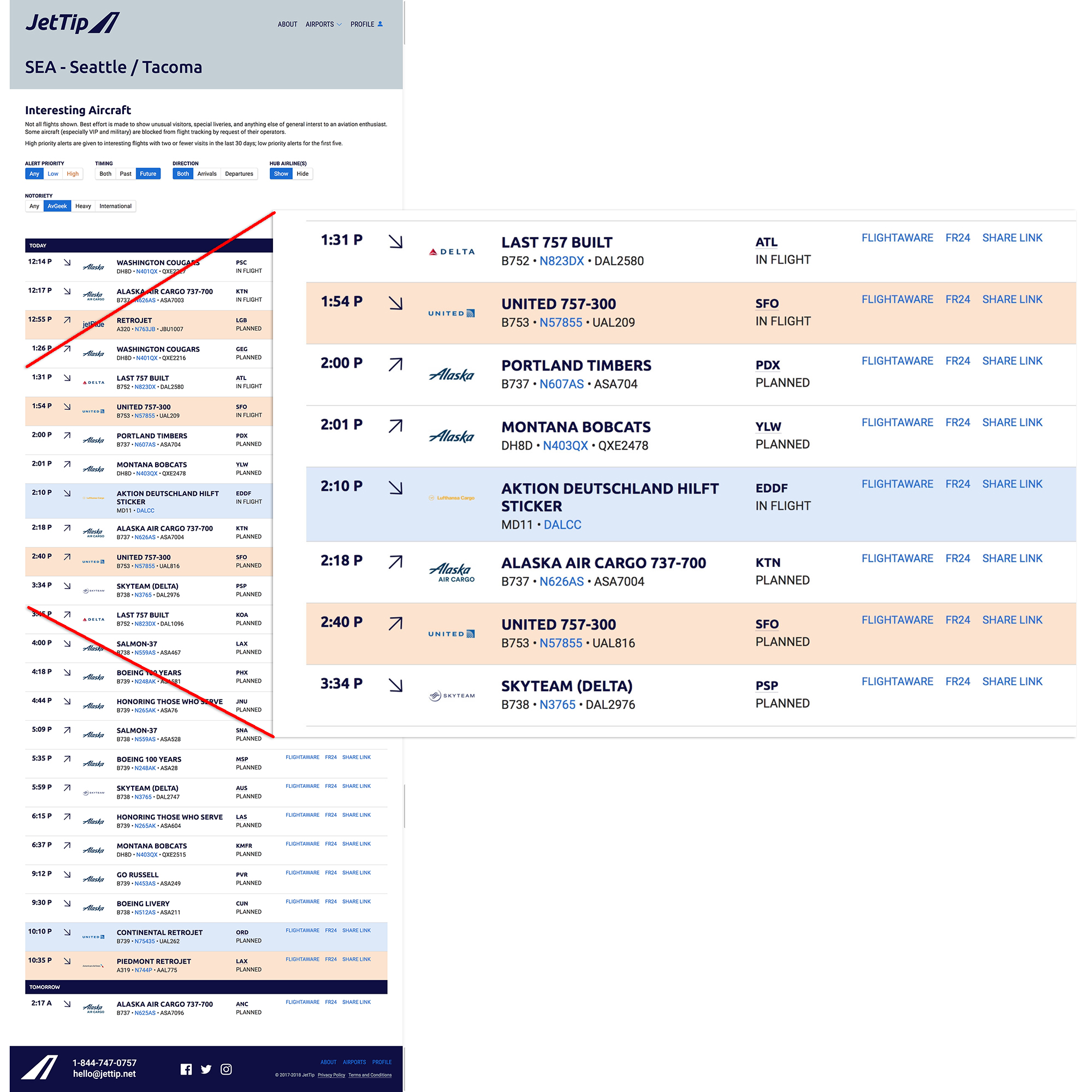 A screen grab of the JetTip flight board for Seattle-Tacoma International Airport for the afternoon of March 4, 2018.