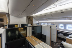 Swiss says that the giant video screens in first class are the largest in the industry.