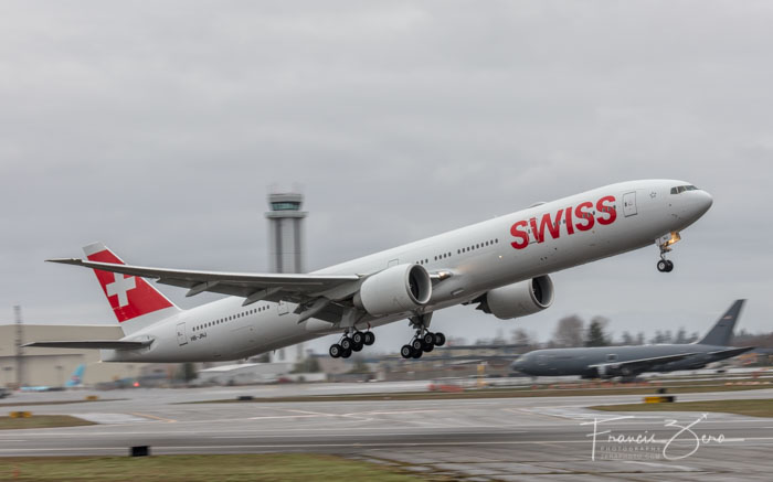 Swiss' newest 777-300 departing from Paine Field, headed for Zurich.