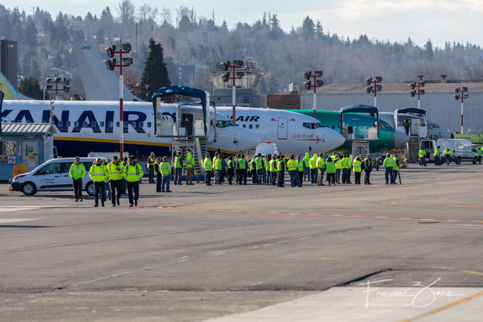 A large contingent of Boeing staff and visitors was on hand to watch the first flight.