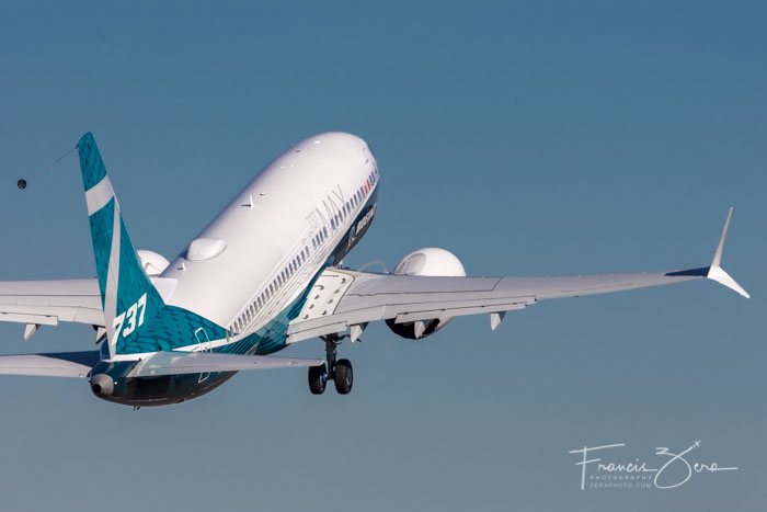 The new 737 MAX 7 departs from Renton on its first flight.