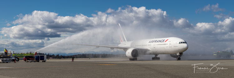 The incoming flight was greeted with a traditional water-cannon salute