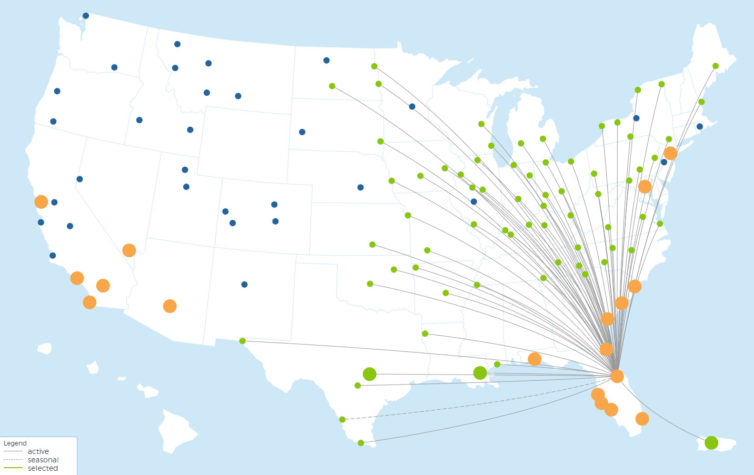 Allegiant's route map out of Orlando (SFB)