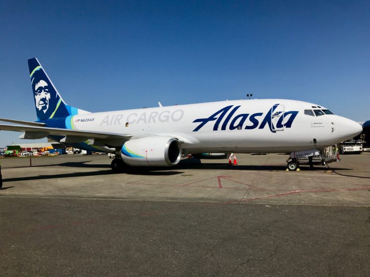 One of Alaska Airlines three newly-converted 737-700 freighters on the ramp at Seattle-Tacoma International Airport.
