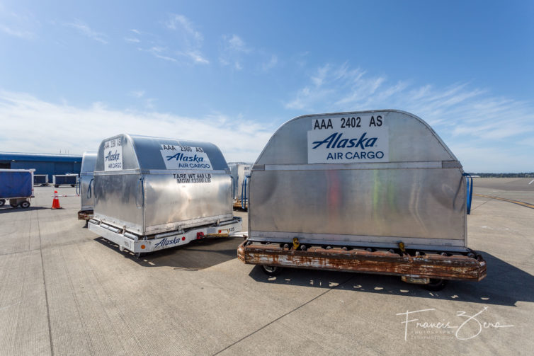 Filled cans on the Seattle cargo ramp, ready to be flown to Alaska.