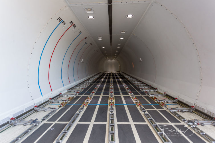 The soon-to-be-filled cargo hold of one of Alaska Airlines' new 737-700 freighters.