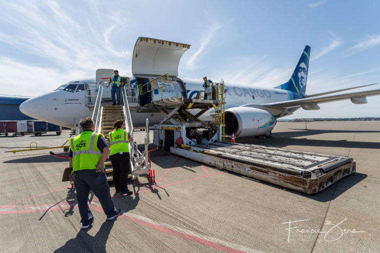 Loading cans via the big cargo door on a 737-700 freighter.
