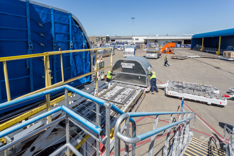 The loading process is very efficient - it seems to take no time at all to load or unload the containerized cargo pallets from the upper deck.