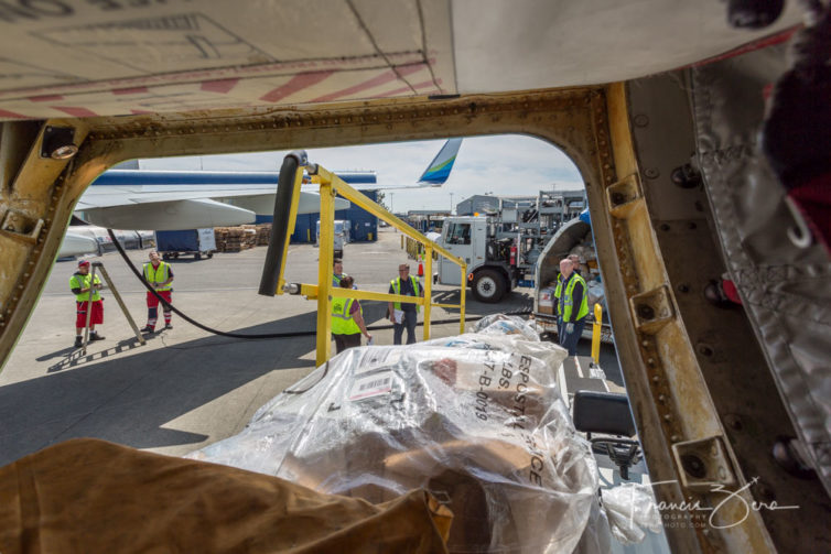 Bags of mail are loaded into the aft belly hold.