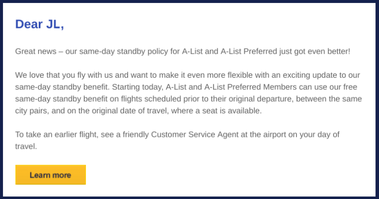 E-mail to Southwest elite flyers announcing a favorable revision to the A-List Same-Day Standby perk.