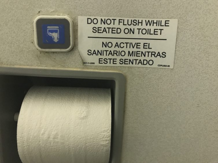 One has to wonder what manner of circumstance prompted the installation of this warning label in the E190's lavatory.