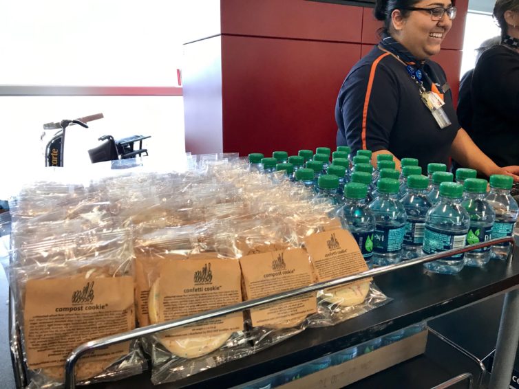 The inaugural Mint flight between SEA and JFK was marked at the gate with free cookies and water for passengers.