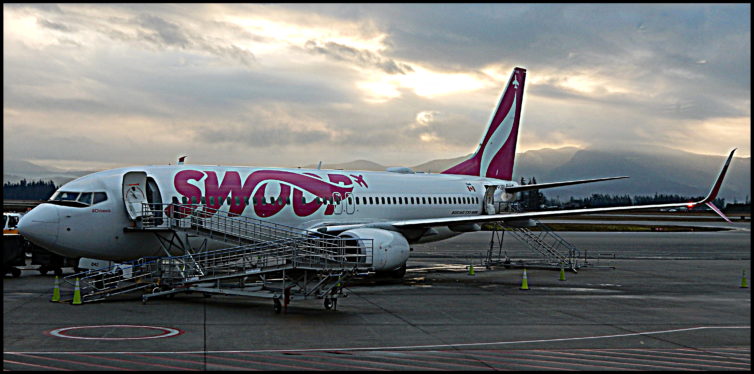 A Swoop 737 sits at the gate in Abbotsford waiting for its next flight.