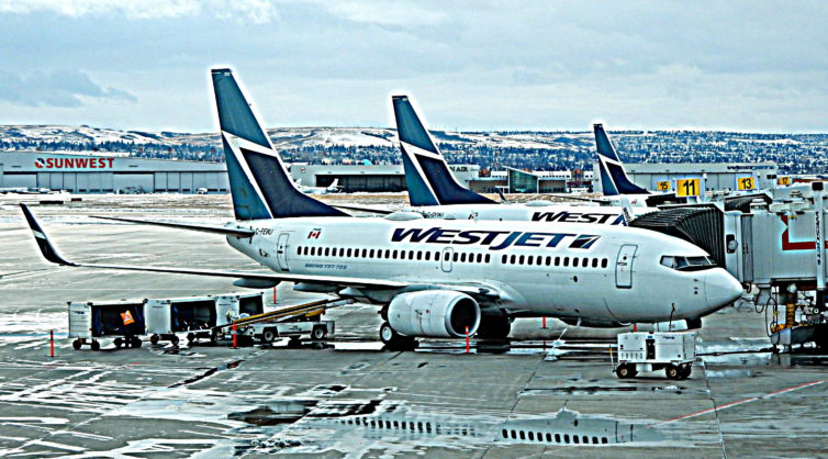 A row of WestJet aircraft sit at YYC