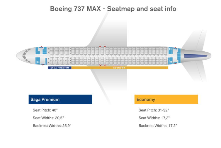 Icelandair's MAX 8 seat map - there are 144 standard seats and 16 in Saga Class. Graphic courtesy of Icelandair