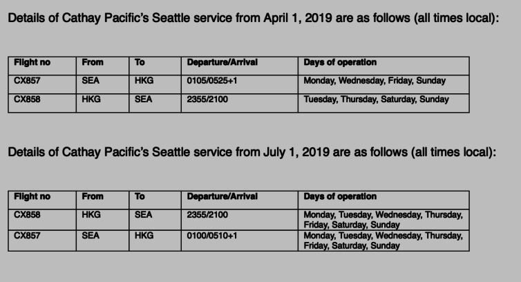 Cathay Pacific's 2019 Seattle flight schedule