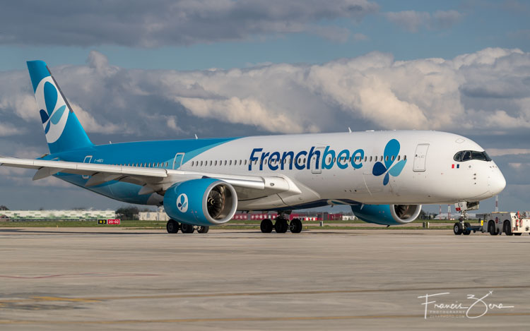 A French Bee A359 on the taxiway at Orly Airport in Paris. It's a very lovely livery, IMHO