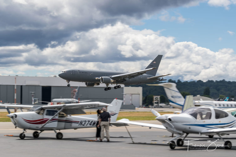 I told you Boeing Field's airspace was busy. That's a USAF KC-46 Pegasus tanker returning from a test flight and a bizjet taxiing to the right; Galvin's ramp is in the foreground.