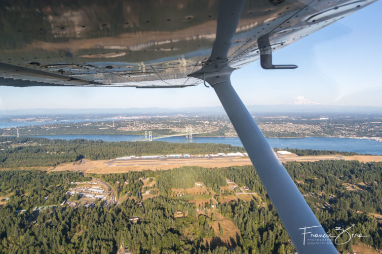 Tacoma Narrows Airport is in the foreground, Tacoma Narrows Bridge is in the middle, and Mount Rainier is in the distance. This is why I love to fly in the Pacific Northwest