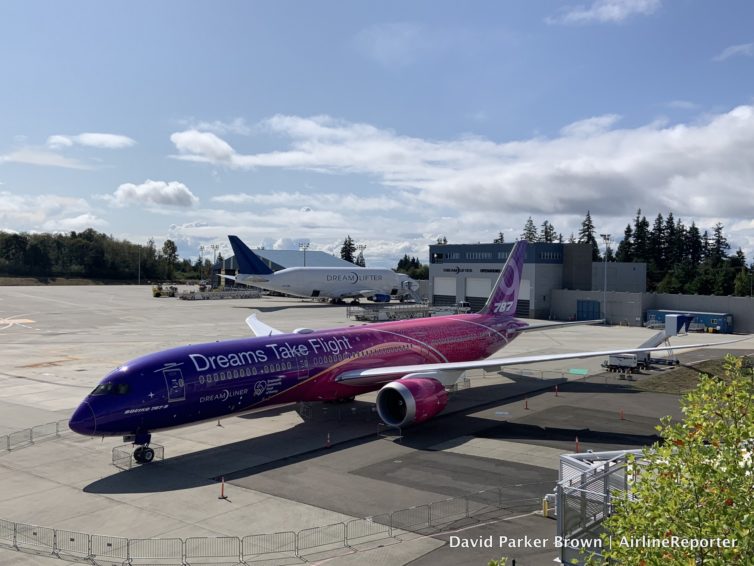 The 787-9 Dreamliner parked next to the Boeing Future of Flight and a sweet Dreamlifter!