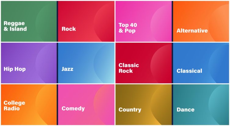 An assortment of iHeartRadio streaming options by genre.