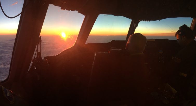 Sunrise on the flight deck over the Atlantic on an overnight eastbound leg from the U.S. to Europe.