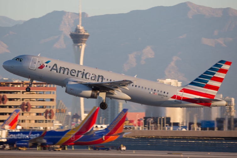 An American A-320 Departs LAS with Southwest in the background. - Photo: Jeremy Dwyer-Lindgren
