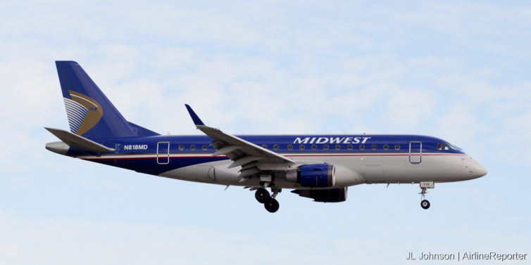 N818MD, an Embraer ERJ-170 seen at Kansas City in November, 2010.