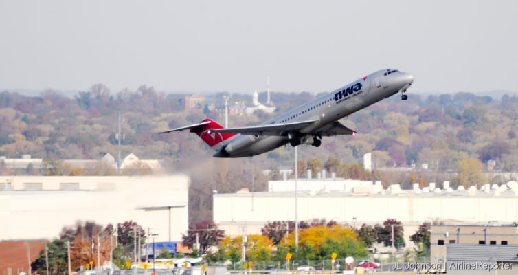 N755NW, a 42-year old NWA DC-9-41 Blasts Out of STL.