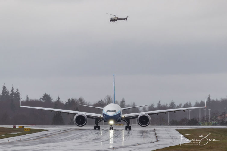 Boeing's 777X taxies out on Friday, Jan. 24, for what would be five hours on the taxiway before the attempt was scrubbed due to poor weather