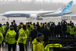 The 777X was towed to the ramp for the arrival ceremony