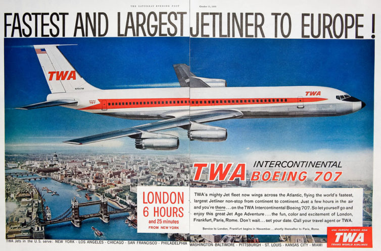A TWA, featuring the Boeing 707, ad seen in The Saturday Event Post in 1959